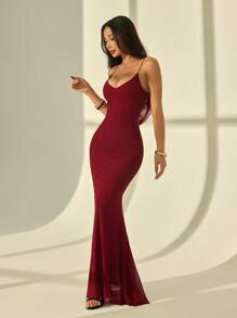 SHEIN PETITE Valentine's Day Burgundy Romantic Date Party Spaghetti Strap Bodycon Backless V-Neck Long Mesh Women Dress,Summer Dresses Spring Clothes,Graduation Dresses - Burgundy - View 7