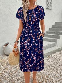 EMERY ROSE Women's Striped Drawstring Waist Slant Pocket Casual Dress For Summer - Blue - View 5