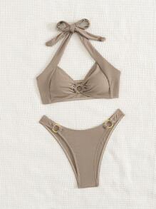 SHEIN Swim Summer Beach Women's Solid Color Halter Neck Bra & Swim Bottom Bikini Set Bathing Suit Brown Bikinitwo Piece Bikini - Grey - View 3