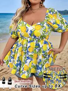 SHEIN CURVE+ 大码柠檬印花灯笼袖心形领衬衫 女士度假服装 女士夏季服装 女士沙滩服装 夏季上衣 女士春季服装 海滩度假服装 热带、曲线加大码、波西米亚风度假 女士海滩服装/海滩/海滩度假服装/海滩必需品/毕业典礼/茶会