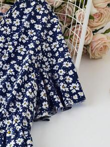 SHEIN LUNE 大码女式碎花V领短袖连体裤，休闲夏季 - 藏蓝色 - 查看 3