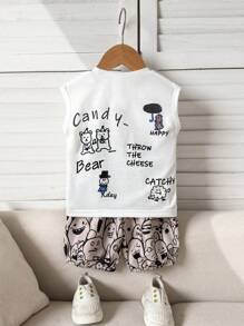 男婴涂鸦卡通印花无袖上衣和裤子套装 - 白色 - 查看 2