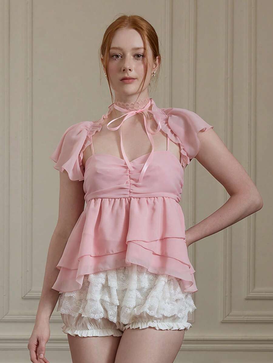 SHEIN MOD 梦幻浪漫粉色高领优雅宫廷上衣，带有分层褶边 - 非常适合度假、约会、生日庆祝、下午茶和节日、夏季、海滩、度假、狂欢、乡村音乐会 - 淺粉色 - 查看 1