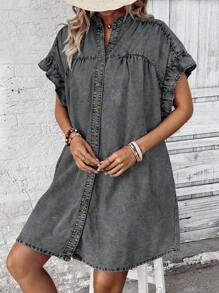 EMERY ROSE Women's Summer Casual Notched Collar Ruffle Denim Dress - Dark Grey - View 3