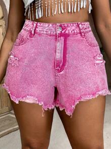 SHEIN SXY Plus Size Women's Pocket Distressed Frayed Hem Casual Versatile Denim Shorts Women Shorts Woman Shorts Jeans Women Summer Clothes