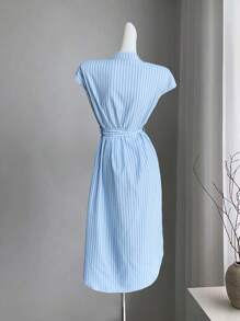 Selianne Romantic Elegant Graduation Concert Outfit Business Casual Old Money Style Anouk Yve Aura Quiet Style Commuter Blue Striped Shirt Dress Short Sleeves Pocket Bow Slits 2025 Spring And Summer Vacation And Leisure Home New Long Dress - Blue - View 7