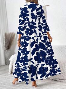 SHEIN LUNE Women's V-Neck Ruched Long Sleeve Dress, Suitable For Autumn,Bohemian Clothes Boho Chic Dress - Multicolor - View 5