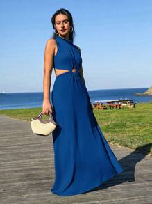 EURMUSE Solid Color Simple And Fashionable Summer Long Dress With Back Detail - Royal Blue - View 6