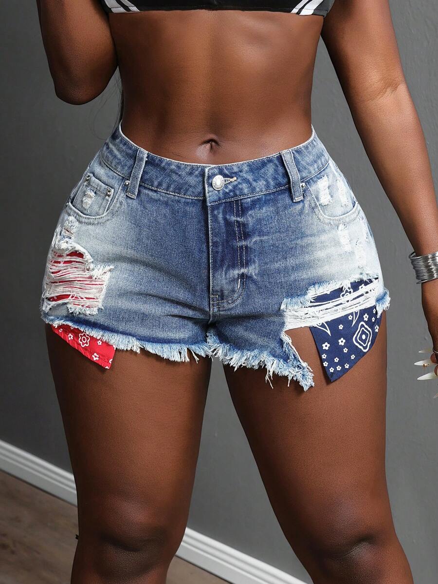 Slaydiva Quần short denim tua rua rách rách thường ngày dành cho nữ - Màu xanh lam - Xem 1