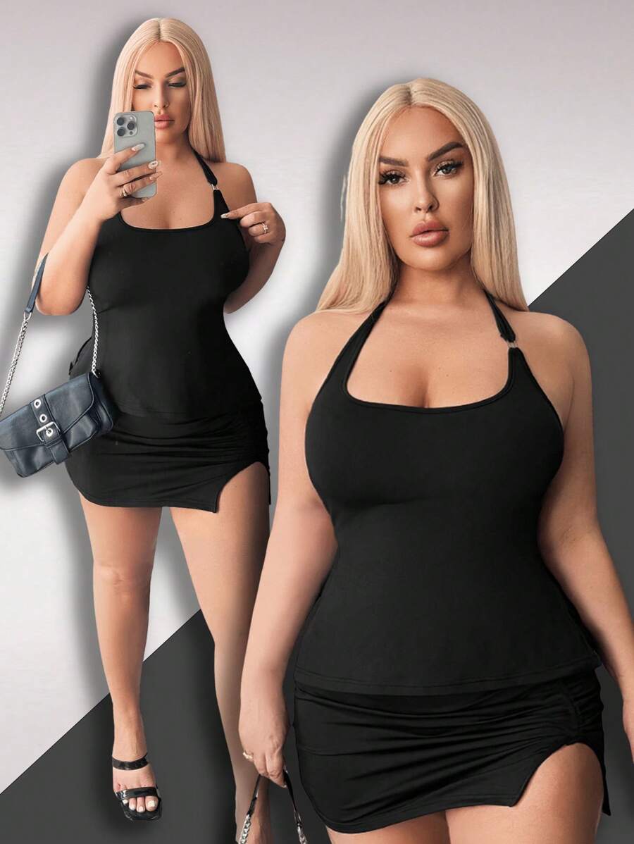 SHEIN SXY Plus Size Women Halter Black Top With Slit Hem And Open Back, And Ruched Slit Pencil Skirt 2 Pieces Set, Suitable For Street, Casual, Sexy, Daily, Travel, Shopping, Dating, Cool, Comfortable To Wear, Easy To Match & Looks Slim, Accentuates Your Figure - Black - View 1