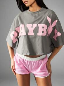 Missguided x Playboy 超大短款 T 恤都市街头运动休闲家居服复古标志短袖棉混纺休闲夏季春季时尚个性上衣 - 深灰色 - 查看 6