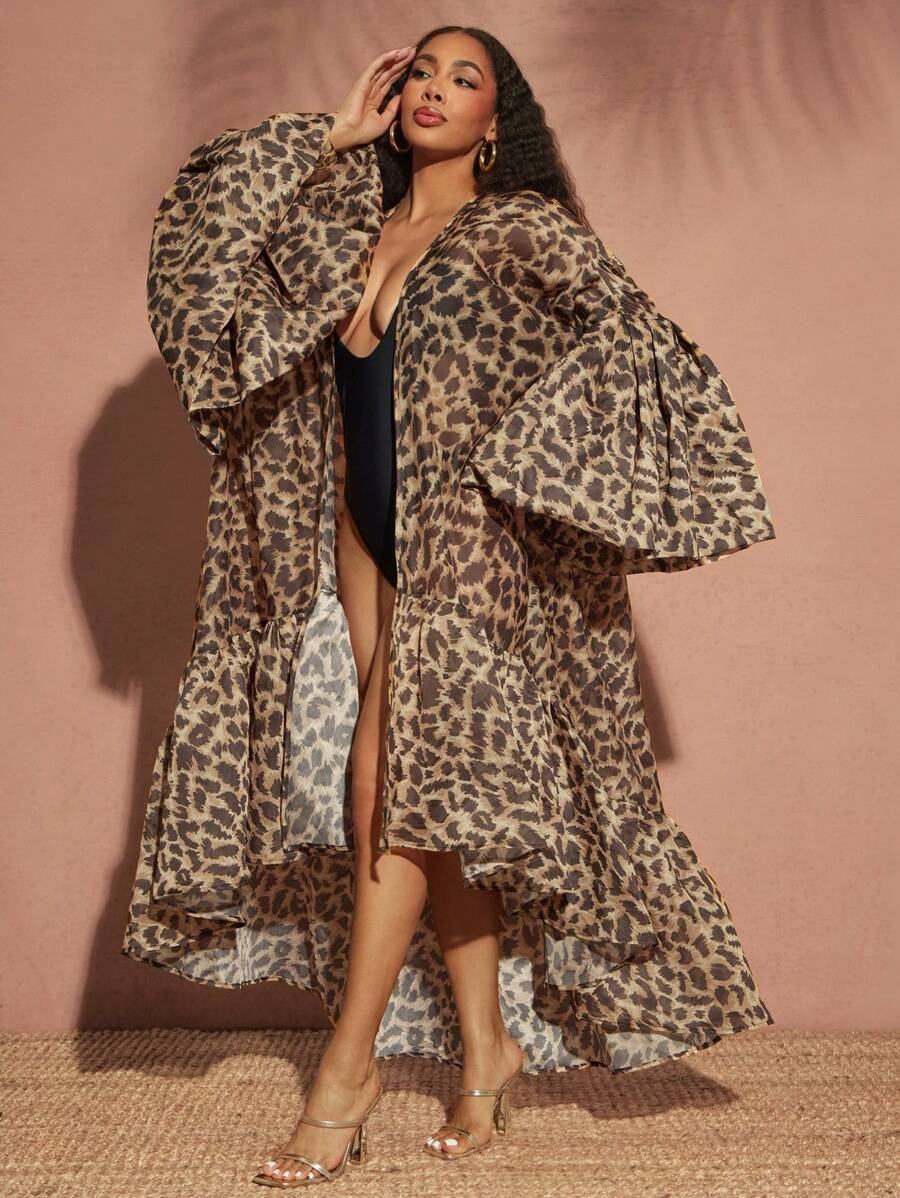 Vixey Kimono họa tiết da báo, voan mỏng viền bèo nhún, mùa hè, phong cách Boho, áo choàng đi biển, kỳ nghỉ trên đảo - Nhiều màu - Xem 1