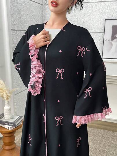 Yasmyna 女士蝴蝶印花喇叭袖阿拉伯长袍开衫，端庄长袍