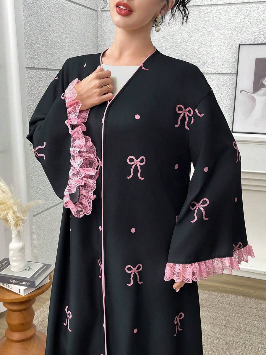 Yasmyna 女士蝴蝶印花喇叭袖阿拉伯长袍开衫，端庄长袍 - 黑色 - 查看 1