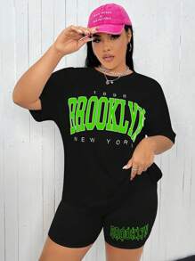SHEIN MOOSTA 2pcs Plus Size Set, Letter Print Round Neck Short Sleeve T-Shirt And Shorts, Suitable For Summer - Black - View 6