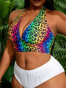 Slaydiva Plus Size Women Leopard Print Minimalist Chic Swimsuit Top, Suitable For Summer - Multicolor - View 5