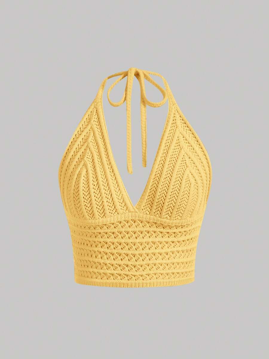 SHEIN MOD Neck-Tie Waist Soft Knitted Top, Suitable For Music Festival And Beach,Halter Tops - Yellow - View 1