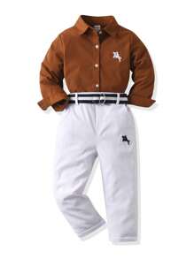 SHEIN 2pcs/Set Young Boy Embroidery Long Sleeve Shirt And Pants Gentleman Suit Chic Outfits For Autumn/Winter - Brown - View 3