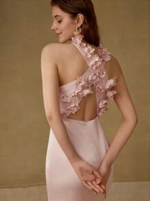 MOTF PREMIUM FLORAL APPLIQUED CRISS CROSS BACK COCKTAIL DRESS,VALENTINE'S DAY OUTFIT - Pink - View 1