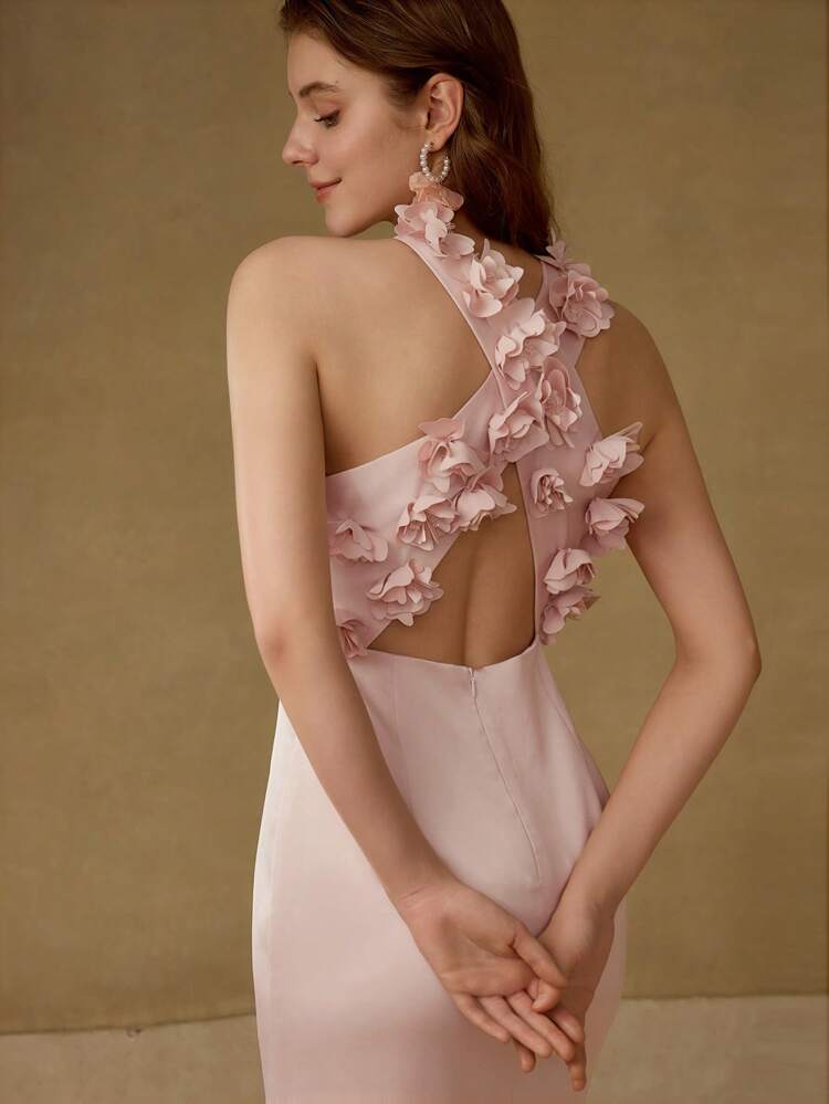 FLORAL APPLIQUED CRISS CROSS BACK COCKTAIL DRESS,VALENTINE'S DAY OUTFIT