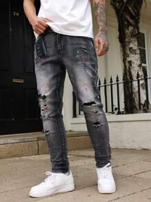 Manfinity LEGND Men's Distressed Relaxed Fit Tapered Leg Jeans - Grey - View 6