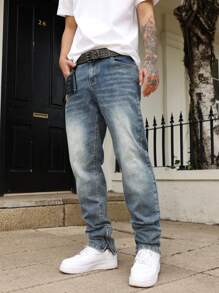 Manfinity Homme Men's Casual Washed Tapered Leg Jeans Urban Street Hang Out - Medium Wash - View 8