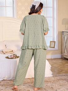 CottageSlumber Damen Große Größen romantisches Blümchen-Spitzen-Pyjama-Set mit V-Ausschnitt, Schleife und Kurzarm für die Ferienzeit - Grün - Übersicht 2