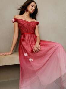 Anewsta 女式优雅渐变色蕾丝网眼2025新款褶皱腰修身长下摆连衣裙，春夏优雅节日度假 - 酒紅色 - 查看 4