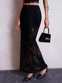 SHEIN Clasi Black Satin Splice Lace Mermaid Hem Skirt Party Skirt Graduation Skirt