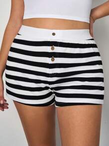 SHEIN Tall CURVE Casual Knit Striped Low-Waist Skinny Super-Short Shorts Women Loungewear Women Leggings Women Shorts For Summer - Black and White - View 5