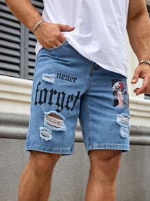 Manfinity LEGND 大码男士大卫字母印花口袋破洞休闲牛仔短裤男士 Emo 风格 - 淺色水洗藍 - 查看 5