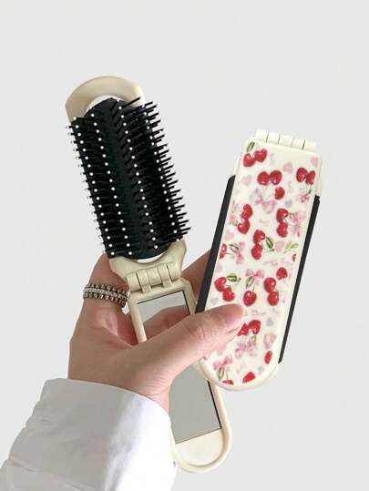 Kawaii 1pc Butterfly & Flower Cherry Fruit Back To School Print Foldable Comb With Mirrors, Portable Hair Brush Set