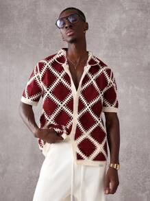 SUMWON Crochet Pattern Short Sleeve Knit Polo Shirt Relaxed Fit Designer Golf Tennis Business Casual Summer Spring Textured Diamond Modern - Red and White - View 7