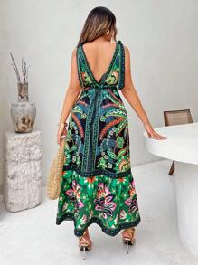 SHEIN SXY Damen Lässig Urlaub Tropical Muster rückenfrei Kleid - Verschiedenfarbig - Übersicht 2