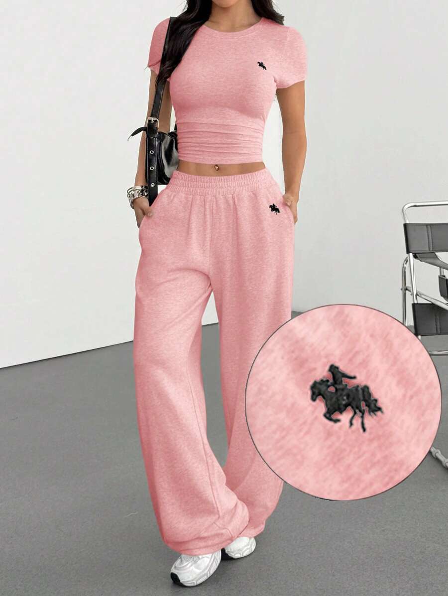 SHEIN EZwear 2pcs/Set Pink Fitted Embroidered Knit Homewear Set For Women, Summer Outfit - Pink - View 1