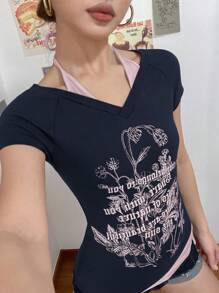 SHEIN EZwear Summer Graphic Tees Western Wear Women Navy Blue & Pink Patchwork - Navy Blue - View 7