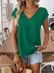EMERY ROSE Women's Casual Asymmetric Hem T-Shirt With Bow Decor, Summer - Green - View 3