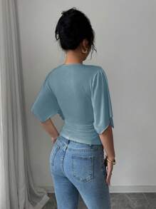 Selianne Casual Vacation Asymmetrical Ruffle Short Sleeve Crop Top For Women - Dusty Blue - View 2