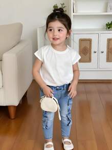 Denim Baby Mädchen Mode persönlich angepasste vielseitige Lässig College Stil Hose mit elastischem Bund, gewaschene Denim Cargohose mit Mehrfachtaschen - Mittele Waschung - Übersicht 2