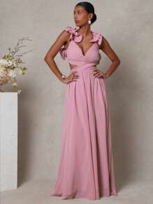 L'Amorae 女士优雅露肩荷叶边肩带褶饰细节镂空飘逸夏季长裙，女士婚礼宾客礼服，女士夏季服装，女士正式礼服 - 粉色 - 查看 2