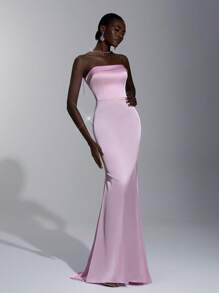 SHEIN Belle Blush Pink Spring Elegant Formal Party Wedding Bridesmaid Dress,Strapless Rhinestone Chain Decor Open Back Bodycon Fishtail Silhouette - Baby Pink - View 3