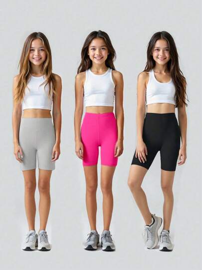 Sparklyn 3 件套青少年女孩纯色休闲针织短裤，春夏季（仅短裤，不含上衣）夏季假期