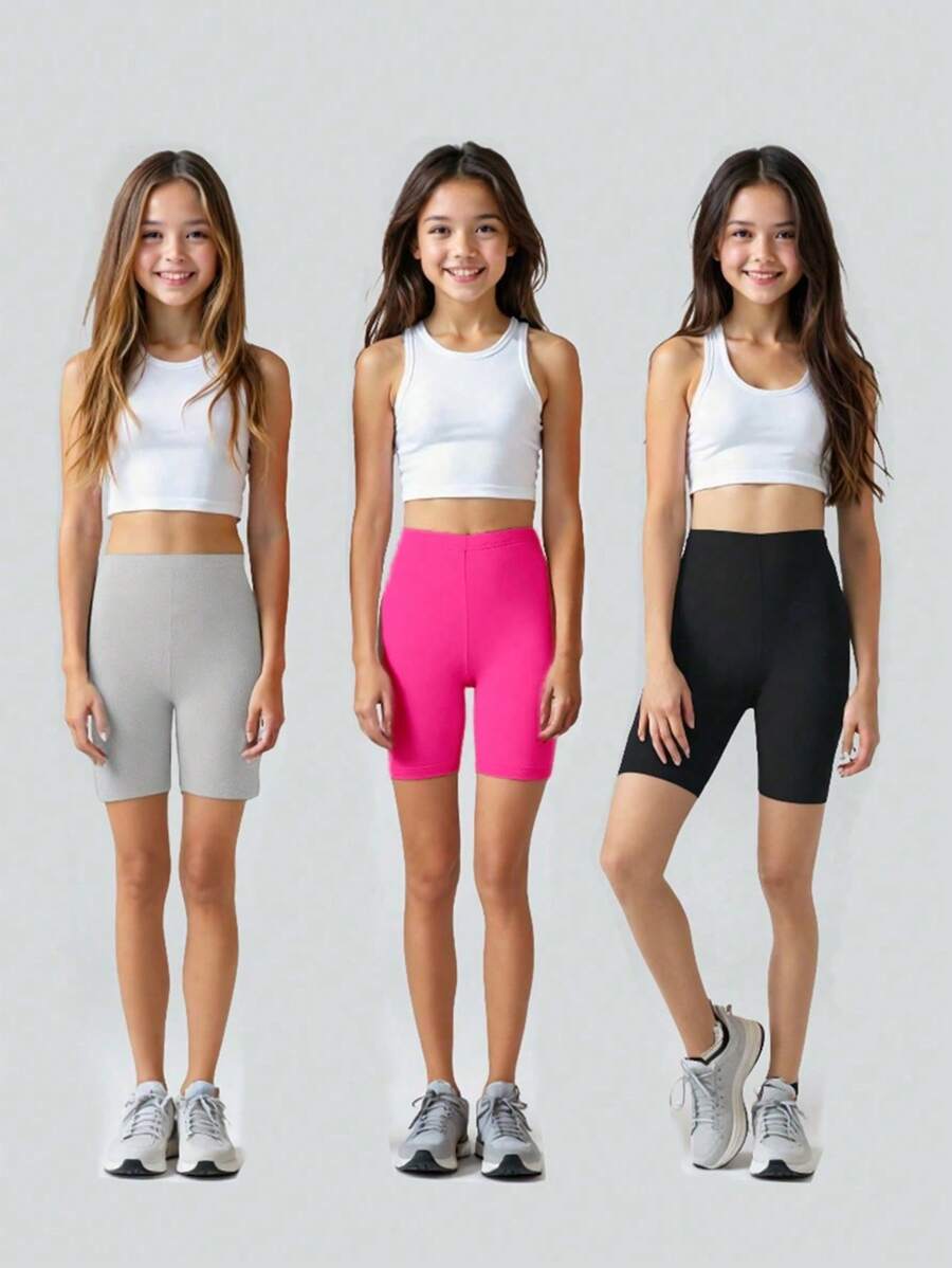 Sparklyn 3 件套青少年女孩纯色休闲针织短裤，春夏季（仅短裤，不含上衣）夏季假期 - 彩色 - 查看 1