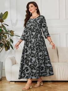 Lacomfia Váy rộng rãi in họa tiết Ả Rập tay 3/4 cỡ lớn - màu đen - Xem 6