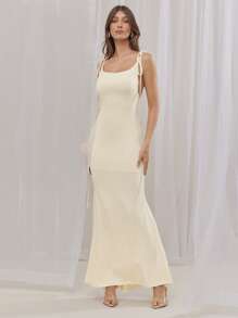 L'Amorae 女式夏季优雅纯色 3D 花卉装饰露背细肩带连衣裙 - 黃色 - 查看 2