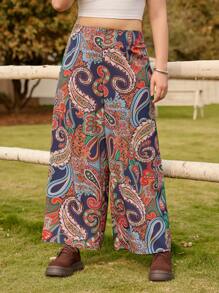 LanaWest Plus Size Women Woven Floral Print Pants, Casual Spring/Summer Vacation Wide Leg Trousers Fall Cloth For Women