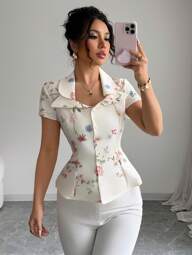 Elenzga Camisa elegante de mujer con cuello de solapa estampada y cintura ceñida