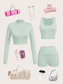 Slaydiva Women Summer 3 Pieces Set: Casual Elastic Mock Neck Zip-Up Long Sleeve T-Shirt Jacket, Sleeveless Cropped Tank Top And Athletic Shorts Island Vacation Outfits - Green - View 2