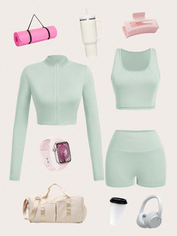 Slaydiva Women Summer 3 Pieces Set: Casual Elastic Mock Neck Zip-Up Long Sleeve T-Shirt Jacket, Sleeveless Cropped Tank Top And Athletic Shorts Island Vacation Outfits - Green - View 2