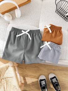 SHEIN 3pcs/Set Young Boy Buy Two Get One Free Three-Pack Casual Sports College Retro Striped And Solid Color Cost-Effective Multi-Pack Shorts Suitable For Clothes Back To School Boys Set Suitable For Birthday Parties, Evening Parties, Performances, Weddings, Baptisms, Opening Ceremonies Daily Suitable For Daily Use Suitable For School Suitable For Travel Suitable For Sports Suitable For Spring And Summer Seasons - Multicolor - View 5
